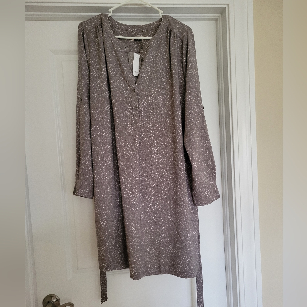 NWT Loft Outlet Brown/White Polka Dot Tie Waist Buttoned Dress - Size L